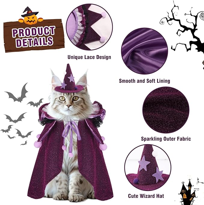 JOICEE Halloween Cat Costumes, Small Funny Purple Halloween Cat Wizard Cape Adjustable Pet Wizard Cloak for Little Dogs Cats Puppy Cosplay Party