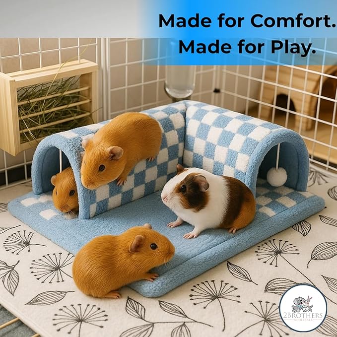 Guinea Pig Tunnel Bed – Fleece Hideout & Cozy Bed for Small Pets, Soft Washable Small Animal House and Bedding Alternative Tunnel for Guinea Pigs, Rabbits, Hamsters & Ferrets (Blue)