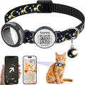 Waterproof Airtag Cat Collar Breakaway, Moons and Stars Safety Breakaway Cat Collars with Apple Airtag Holder with Qr Code, Adjustable GPS Tracker boy Girl Kitten Collar (Black B)