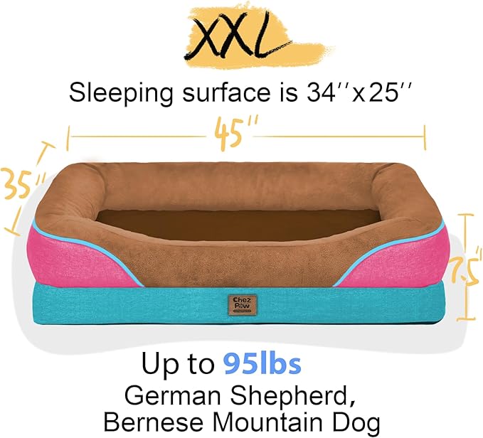 Chez Paw Orthopedic Extra Large Dog Bed - XXL Washable Giant Pet Couch Sofa with Removable Cover Waterproof Bolster for Large Size Dogs, 45x35