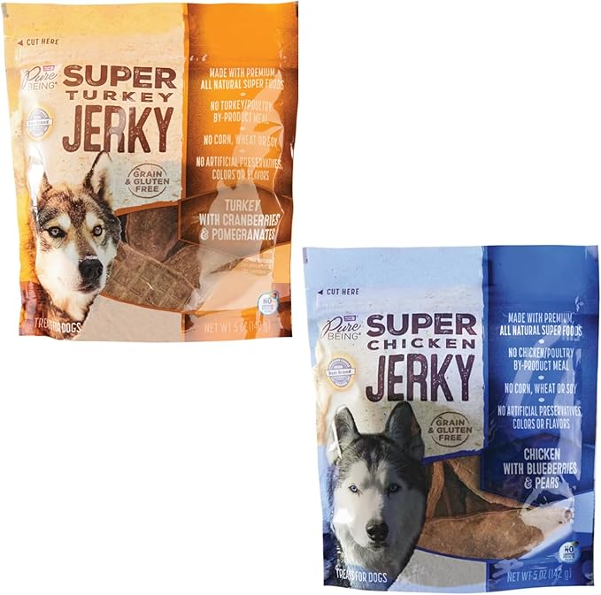 Gourmet Super Jerky Dog Treats – 2-Pack: Turkey with Cranberries & Pomegranates + Chicken with Blueberries & Pear – 5oz Each, Natural Grain-Free Snacks