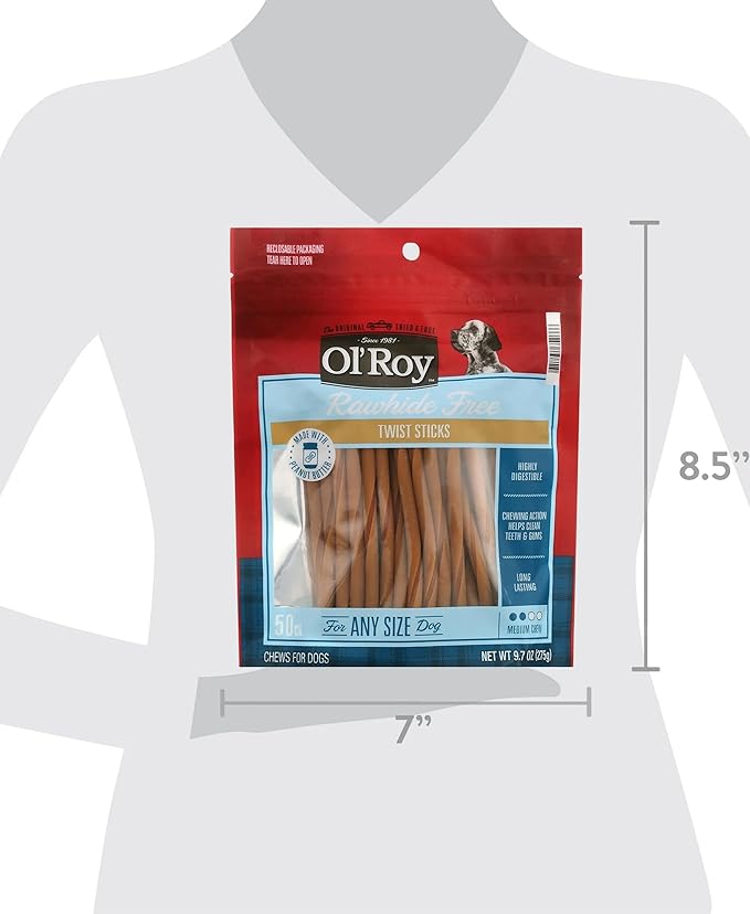 Rawhide-Free Peanut Butter Twist Sticks, 50 Count, Made with Real Chicken and Peanut Butter, Highly Digestible, Long-Lasting, Medium Chew, Helps Clean Teeth and Gums, for Dogs