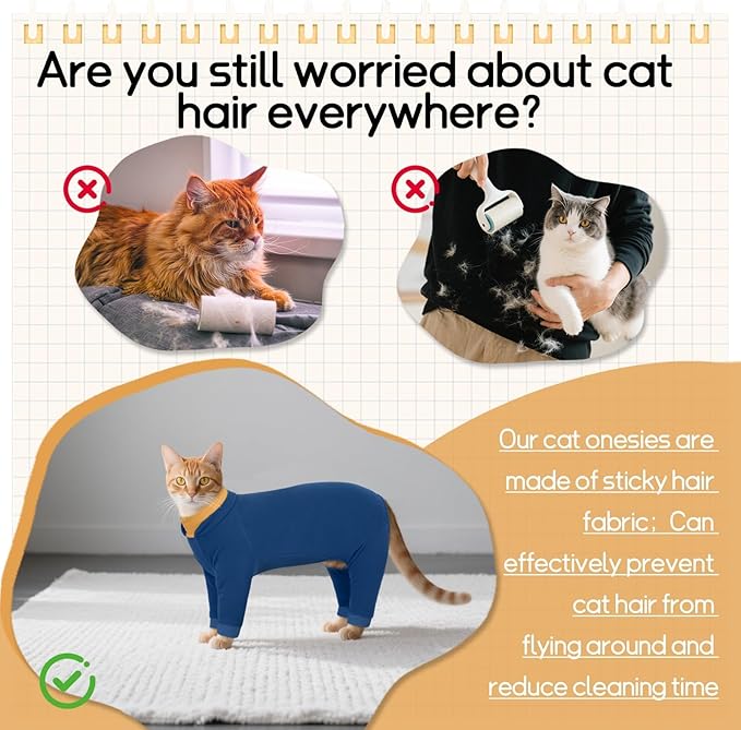 T'CHAQUE Sticky Hair Cat Onesie - Soft Long Sleeve Cat Pajamas, Anti-Shedding,Surgery Recovery Suit, Wound Protection & Preventing Licking, Kitten Sweaters for Male Female, Blue-M
