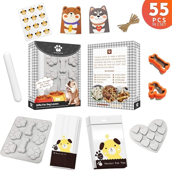 55 Pcs Dog Treat Maker, Make Your Own Dog Treats Kit for Kids, Including 2 Cookie Cutters and Mold, 2 Recipes Book, 24 Bags, etc.