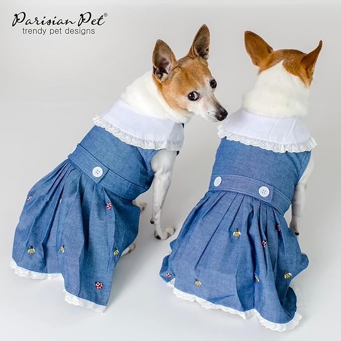 Parisian Pet Dog Overall Dress - Spring Summer Clothes for Large Dogs Girl - Floral Denim Pet Dress - Stylish Dog Outfit - Lightweight and Breathable Puppy Clothes - Sleeveless Dresses for Dogs