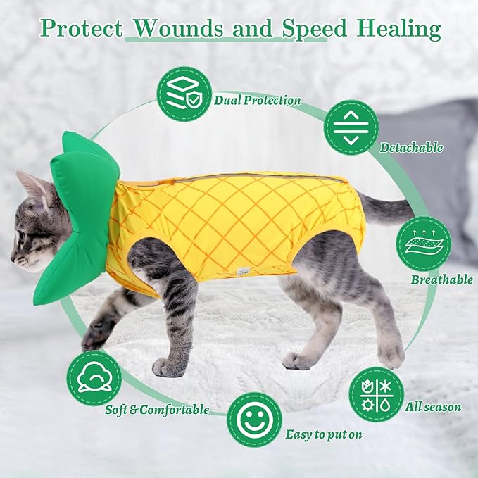 EMUST 2PCS Cat Recovery Suit & Cat Surgery Suit, Soft & Adjustable Dog Surgery Suit Female Spay for Abdominal Wounds, Cotton Cone for Cats to Stop Licking for Small Female Pets 8-16lb, Yellow, L