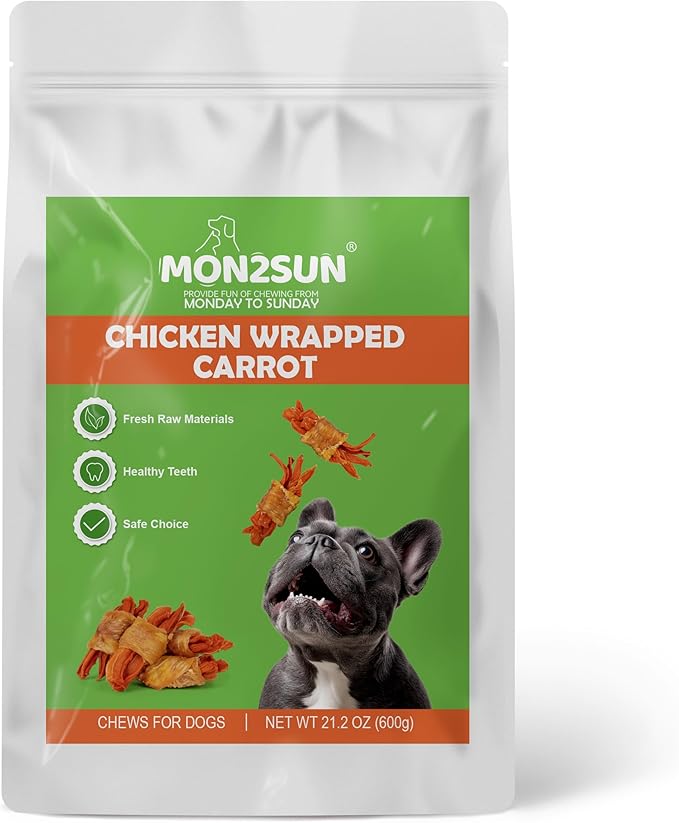 MON2SUN Rawhide Free Dog Treats, Chicken Wrapped Carrot Snacks, Healthy and Natural Chews for Small Dogs, 21.2oz (30 Count - Pack of 1)