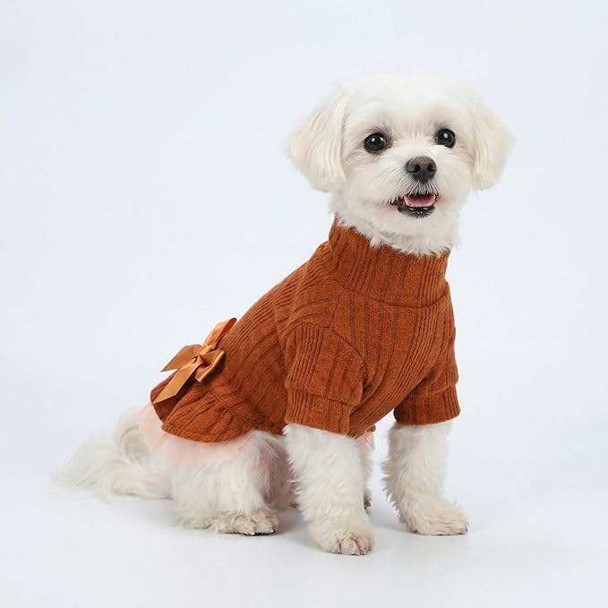 Fitwarm Knitted Dog Tulle Sweater Dress, Dog Winter Clothes for Small Dogs Girl, Cat Apparel, Orange, Small