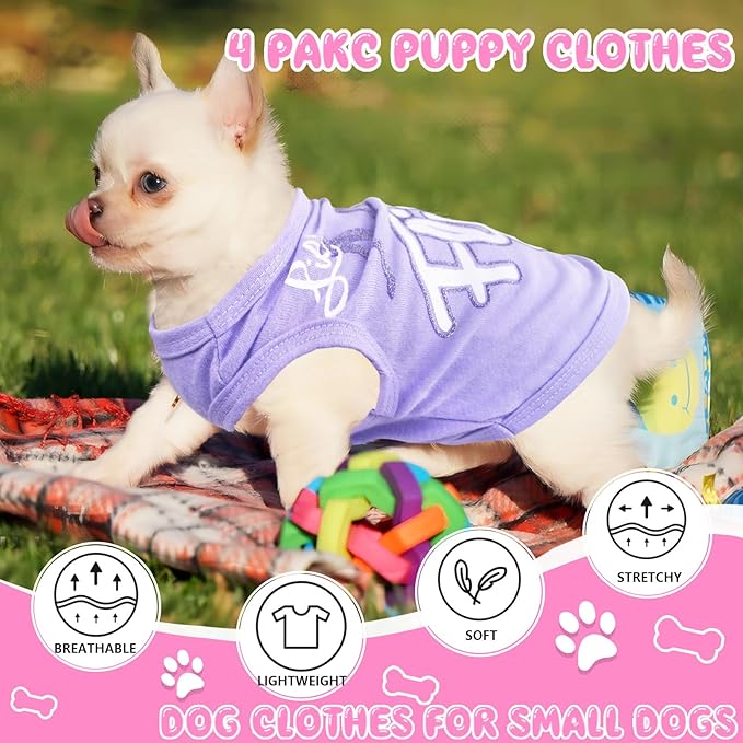 Generic 4 Pieces Summer Dog Clothes for Small Girls - Soft Puppy Shirts, Cute Chihuahua Teacup Outfits, Breathable Pet Clothing (Small, Pink, Purple)