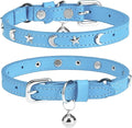 Leather Cat Collars for Boy Girl Cats with Bell and Safety Elastic Belt, Personalized Star and Moon Stud Adjustable Safe Buckle Collar for Kitty Small Big Cats Size 7-9 Inch, Light Blue
