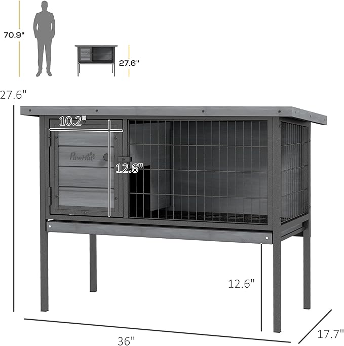 PawHut Rabbit Hutch Elevated Bunny Cage Small Animal Habitat with Metal Frame, No Leak Tray, Metal Wire Pan and Openable Water-Resistant Asphalt Roof for Indoor/Outdoor Gray