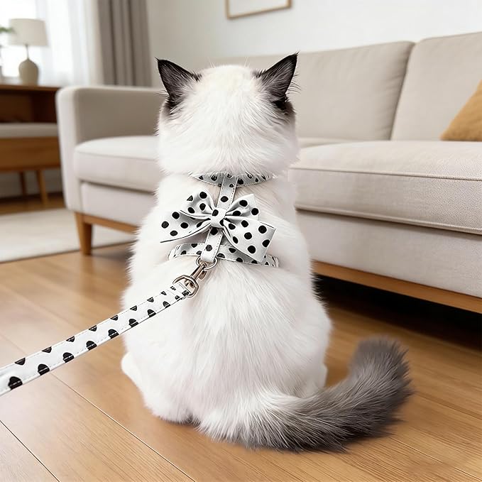 Cat Harness and Leash Set, Sweet Bow Accent Kitten Collar, Escape Proof Small Dog Harness, Cute Polka Dot Print Puppy Collar, Boy Girl Dog Leash for Cats Small Dogs Outdoor Walking (White, M)