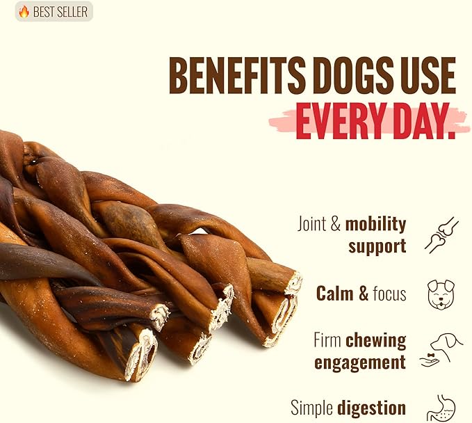 Natural Farm Odor-Free Super Braided Collagen Dog Chews (6-Inch, 10-Pack) First Ever Real Bull Sticks Alternative: 100% Natural Angus Hide Collagen Treats- More Protein More Chew Time for All Dogs