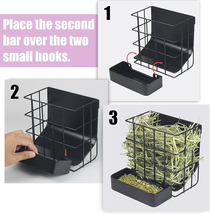 Rabbit Hay Feeder Guinea Pig Hay Feeder with Hook Heavy-Duty Metal Frame Upgrades Hay Rack，Reduce Waste Hay Holder,for Bunny,Rabbit,Chinchilla,Guinea Pig Cage Accessories-6.8x6.7x6.6inch（Black）