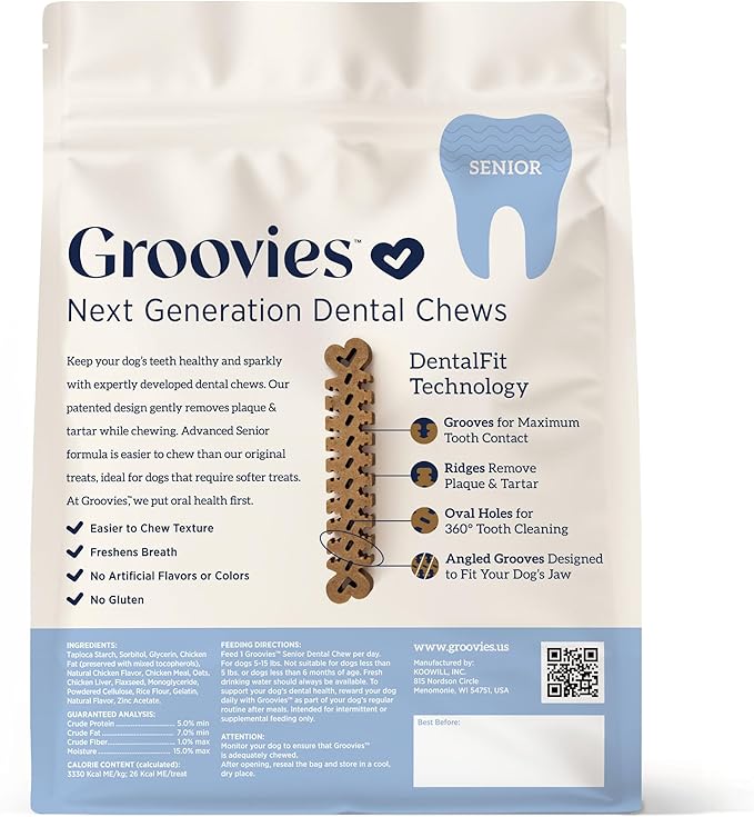 Groovies Senior Small Dog Dental Chews for Dogs, Patented DentalFit Technology for Plaque & Tartar Support, Flexible Texture for Easy Chewing, Chicken Flavor, USA Manufactured, 5–15 lb Dogs,22 Count