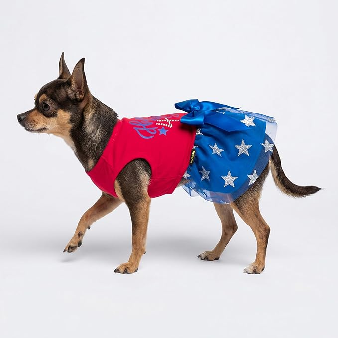 Fitwarm Happy 4th of July Dog Tulle Dress, Patriotic Dog Clothes for Small Dogs Girl, Red and White Star Pet Outfit, Red, Royal Blue, Medium