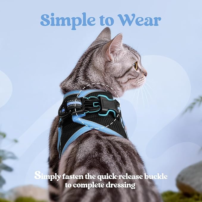 rabbitgoo Cat Harness and Leash Set for Walking Escape Proof, Adjustable Soft Kittens Vest with Reflective Strip for Cats, Comfortable Outdoor Vest, Black & Light Blue, S
