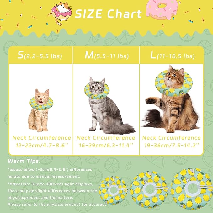 Seyezo Cat Cone Collar Soft, Adjustable Cat Recovery Collars Kitten Cones to Stop Licking, Cute Donut Neck Collar After Surgery, Elizabethan Collar for Cats After Spay (Green Lemon, Small)
