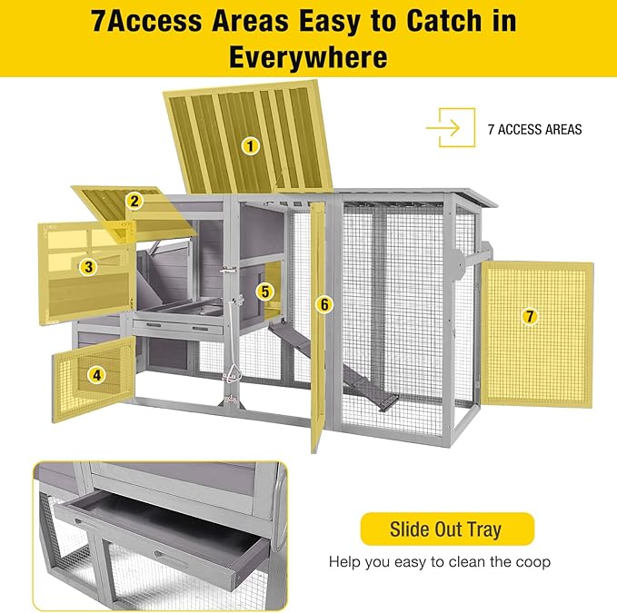 Aivituvin Chicken Coop Hen House, Large Outdoor Wooden Poultry Cage with Ramps, Run, Nesting Box, Removable Tray, Weather-Proof Chicken Cage (Grey, AIR31)