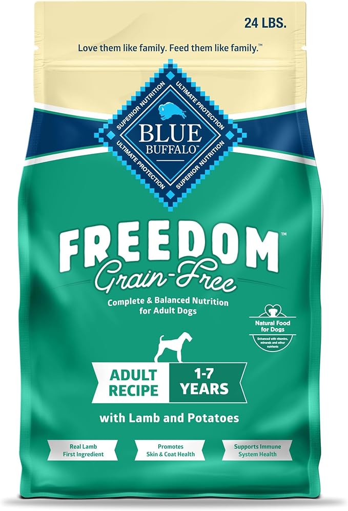 Blue Buffalo Freedom Grain-Free Dry Dog Food, Complete & Balanced Nutrition for Adult Dogs, Made in the USA with Natural Ingredients, Lamb & Potatoes, 24-lb Bag