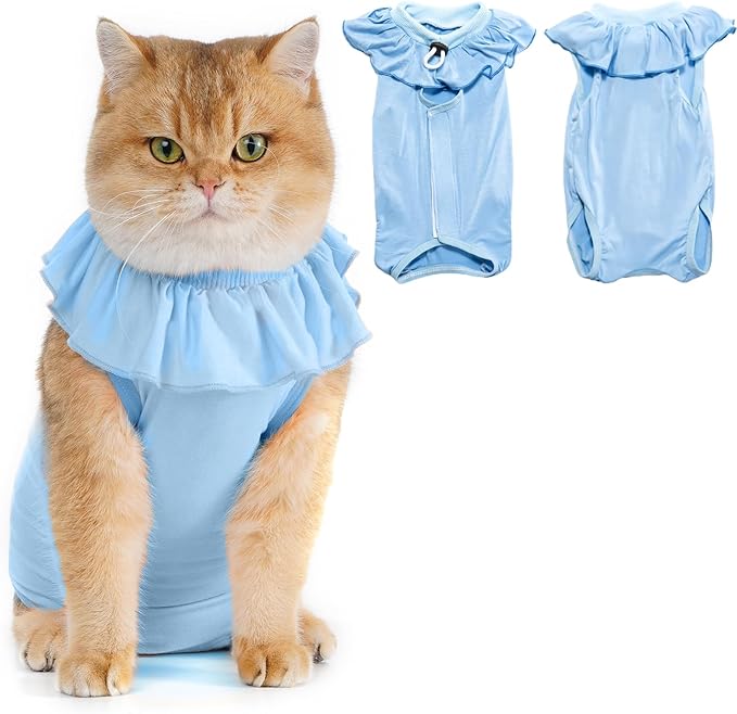 Avont Cat Recovery Suit - Kitten Onesie for Cats After Surgery, Cone of Shame Alternative Surgical Spay Suit with Ruffles for Female Cat, Post-Surgery or Skin Diseases Protection -Blue (M)