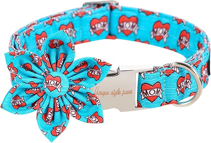 Unique style paws Valentine's Day Dog Collar with Flower Tie Blue Heart Puppy Collar Best Gift for Small Medium Large Boys Girls-M