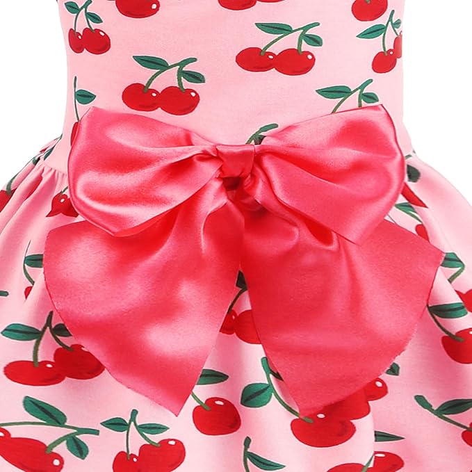 PUPTECK Print Dog Dress Pet Apparel with Cute Bowtie Puppy Clothes Outfit, Cherry, S