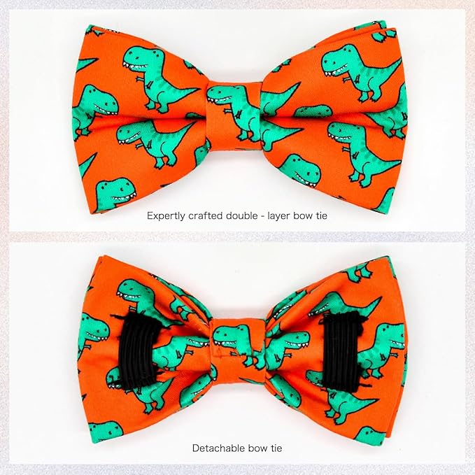 Cat Collar Bow Set, Green Dinosaur Red Background, Wedding/Birthday Breakaway Collar Bowtie for Kitten/Cat
