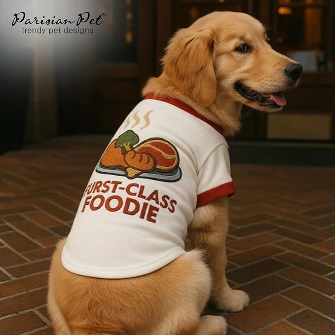 Parisian Pet Dog Furst Class Foodie Shirt - Embroidered Pet Vest - 100% Cotton & Polyester Doggy Shirt - Lightweight Pet Clothes - Sleeved Puppy Costume - Funny Shirts for Medium Dogs - M