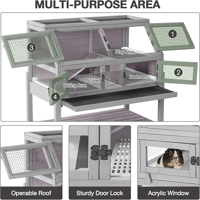 Guinea Pig Cages with Wheels, Large Hamster Cage with Anti-Chewing Ramp and Hideouts, Zinc Cool Plate, Plastic Floor, Deeper Leakproof Tray, Small Animal Cage for Indoor and Outdoor (Light Grey)