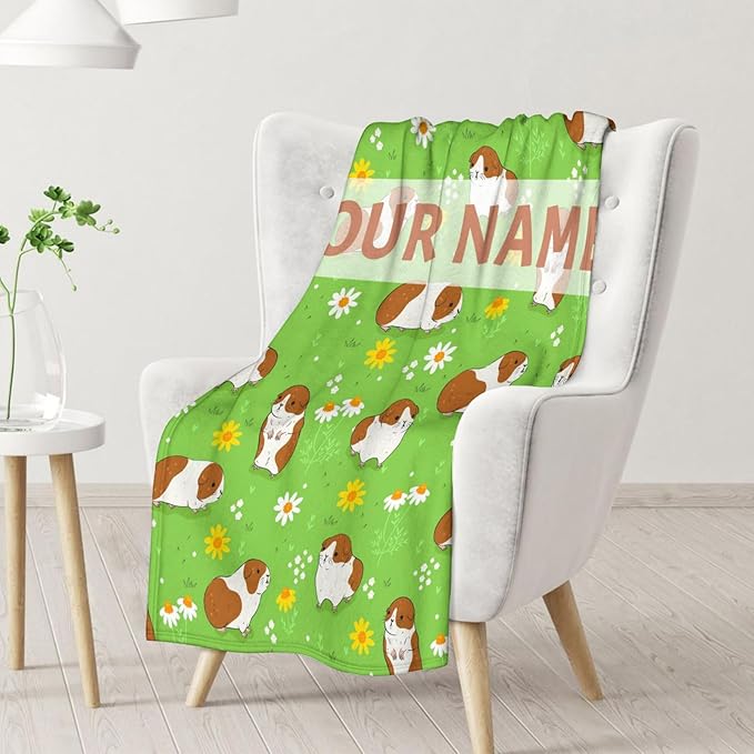 Personalized Guinea Pig Blanket with Name - Soft, Fuzzy & Warm - 60"x80" Twin Size Blanket for Bed, Couch & Living Room - Green Cute Throw Gifts for Adults, Kids