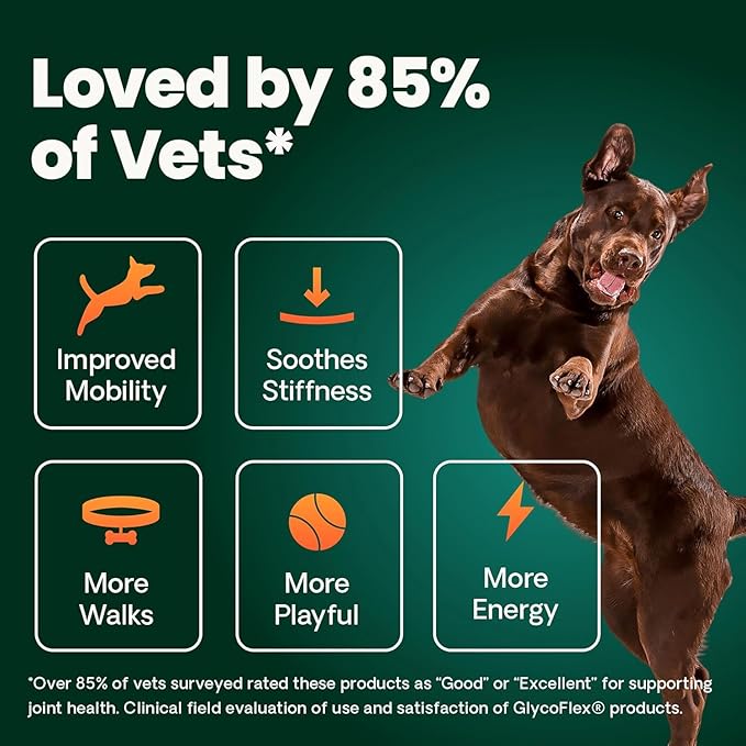 VetriScience Ultimate Strength Healthy Hip & Joint Chews, GlycoFlex Glucosamine, Chondroitin and Green-Lipped Mussel Joint Support Supplement for Dogs, Soothe Joint Discomfort, Duck, 120 Count
