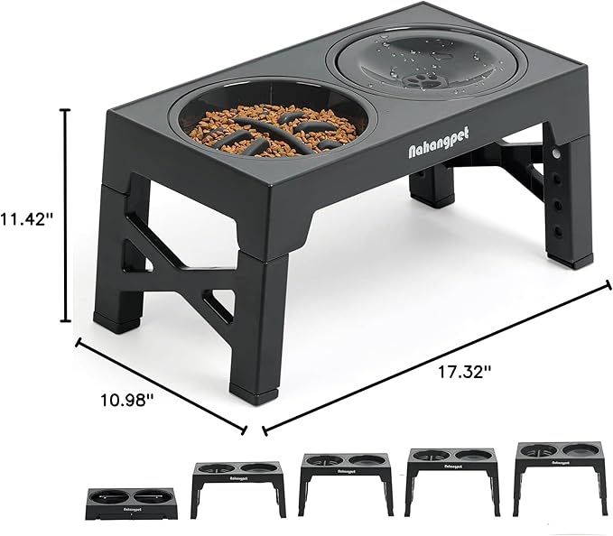 2-in-1 Elevated Slow Feeder Dog Bowls for Food and Water, 5 Heights Adjustable Raised Dog Bowls, Non-Slip, No Spill, for Small Medium Large Dogs and Cats(Grey)