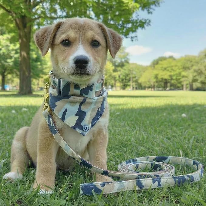 3PCS Bow Tie Dog Collar and Leash Set Plaid/Camo/Dots/Flower Dog Bandanas with Bell 3 Size Adjustable for Small Dogs Puppies and Cats (S, Camo 3)