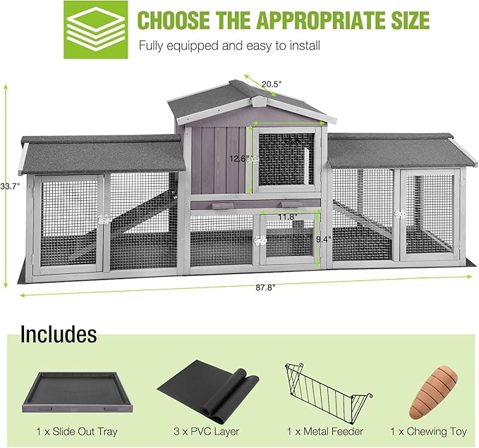 GUTINNEEN Rabbit Hutch Outdoor Large Chicken Coop with Cleaning Tray and Waterproof Roof Wooden Bunny Hutch PVC Floor Bottom for Small and Medium Bunny Rabbit Chick 87.8" L