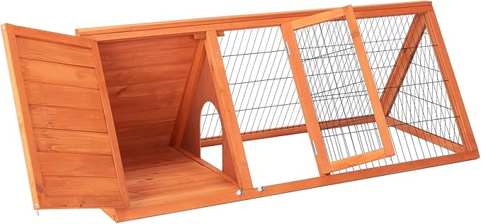 50" Outdoor Triangular Wooden Bunny Rabbit Hutch/Guinea Pig House with Run,Indoor Outdoor Bunny Cage Rabbit House, Guinea Pig Hutch, Pet House for Small Animals