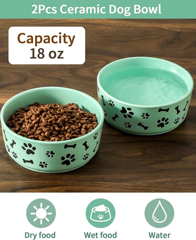 UBEE Ceramic Dog Bowl Set of 2, 5.5 inch Dog Food Bowl Dish with Bone Paw Pattern, Pet Food Water Dish Feeding Plates for Small Dogs, Puppy and Cat, Green