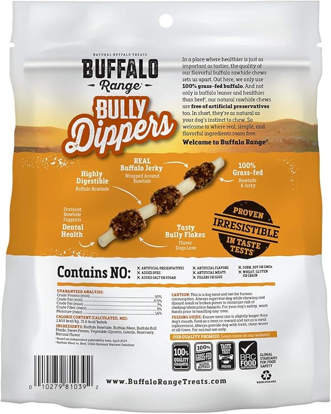 Buffalo Range Rawhide Dog Treats | Healthy, Grass-Fed Buffalo Jerky Raw Hide Chews | Hickory Smoked Flavor | Jerky Kabob with Bullypiece | 12 Count