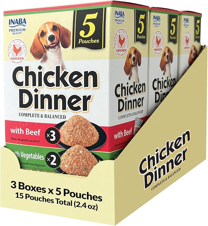 INABA Chicken Dinner for Dogs, Soft Pate Wet Dog Food, Complete & Balanced, 2.4 oz. Pouch, 15 Pouches, Beef & Vegetables Variety