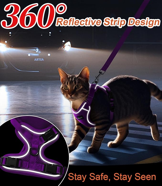 Cat Harness and Leash for Walking Escape Proof Soft Adjustable Cat Leash Breathable Comfortable Vest Easy to Wear Kitten Harness for Outdoor Travel (Purple, M (13-18lb))