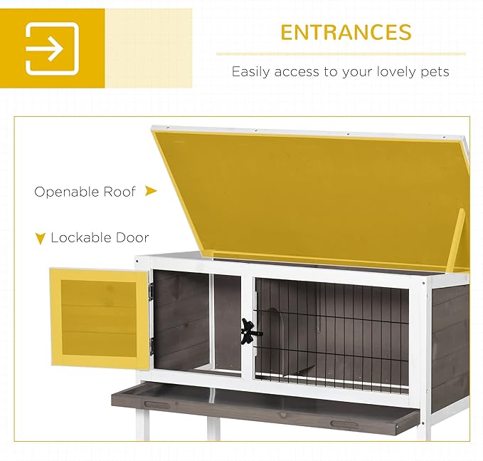 PawHut Elevated Wooden Rabbit Hutch, Indoor/Outdoor Bunny Cage with Hinged Asphalt Roof and Removable Tray for Guinea Pig, Brown