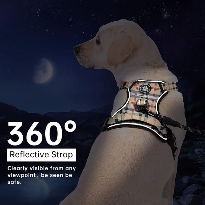 IVY&LANE No Pull Dog Harness with Leash Set, Reflective No Choke Pet Vest,Adjustable Oxford Dog Vest Harness with Easy Control Handle for Large Dogs (Checkered Beige,L)