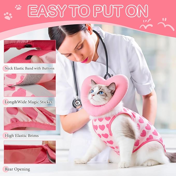 EMUST Cat Recovery Suit with Soft Cone Collar for Female Cats, E-Collar Alternative Post-Spay Wear, Breathable Anti-Licking Cat Onesie for Surgery Recovery & Skin Disease Support(Heart,S)