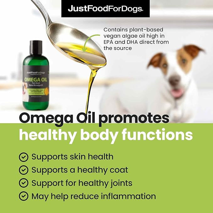 JustFoodForDogs Omega 3 for Dogs, Omega Oil for Dogs, Dog Joint Supplement, Skin and Coat Supplement, Dog Fish Oil Alternative, Human Grade, Vegan, Sustainable & Eco-Friendly - 8 oz