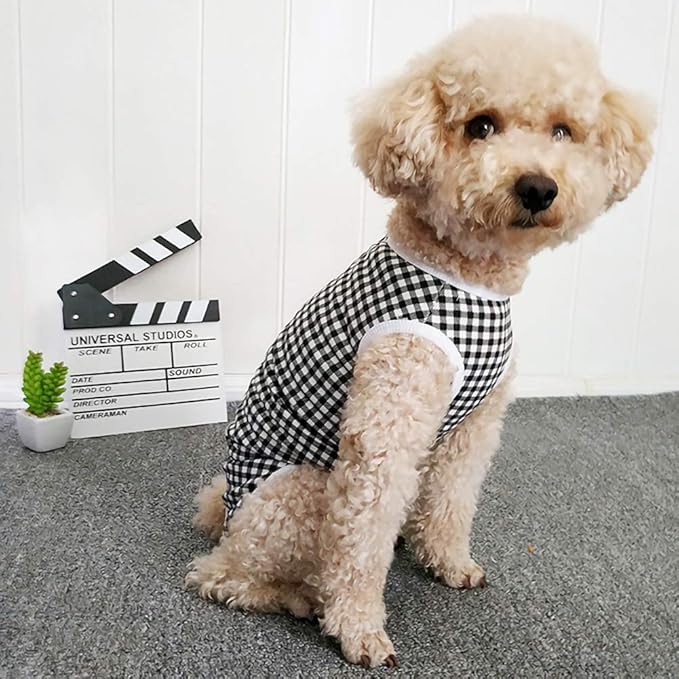 Dog’s Recovery Suit Post Surgery Shirt for Puppy, Wound Protective Clothes for Little Animals(Black White Plaid-XXS)