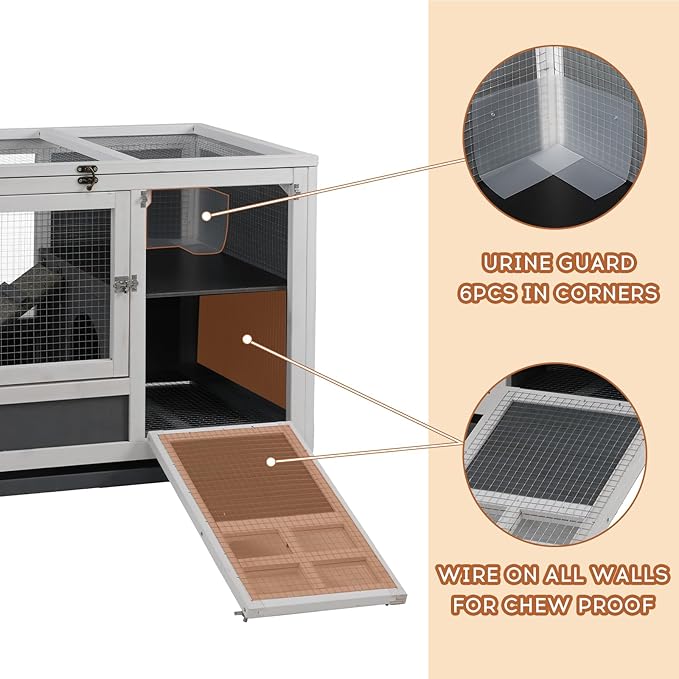 Rabbit Hutch Indoor with Chew-Proof Ramp & Leak-Proof Trays Urine Guards/Netting Floor,Doors.37 Wooden Rabbit Cage with Wheels for Rabbits, Guinea Pigs Small Animal