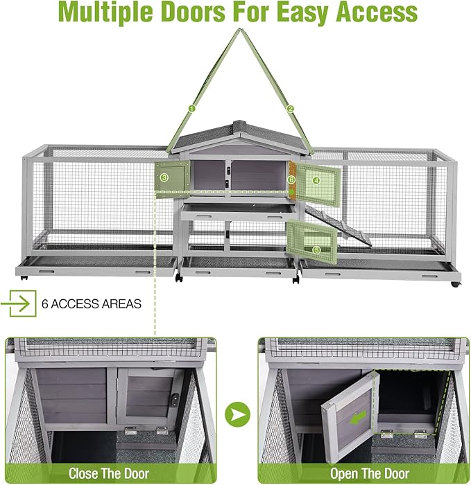 Rabbit Hutch Indoor Outdoor, 93.7" Large Rabbit Cage with 4 Pull Out Trays & Wheels, Wooden Bunny Cage with Weatherproof Asphalt Roof, Pet House for Rabbits, Guinea Pigs and Small Animals