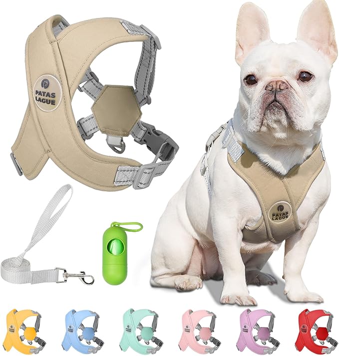 Patas Lague Dog Harness with Leash Set Adjustable Soft Padded Step-in Dog Vest No Choke No Pull Reflective for Small Medium Pets with Poop Bags and Dispenser, Solid and No-chew, Brown S