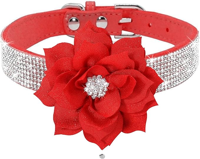 Cute Dazzling Sparkling Elegant Fancy Soft Suede Leather Bling Rhinestone Crystal Jeweled Pet Cat Dog Puppy Collar Dog Leash Combo Set (L(Neck 15-18"), Red-6)