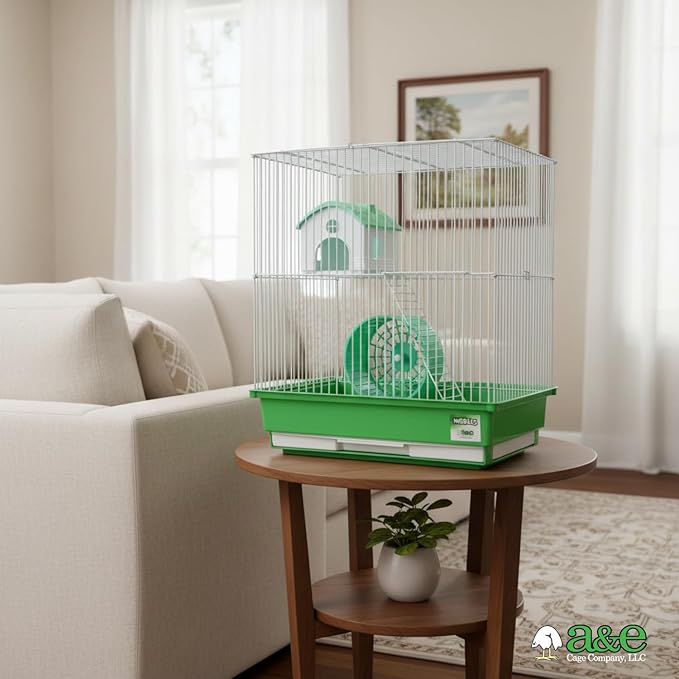 A&E Cage Co HAM007-SP Two Story Hamster Cage – 14" x 11" x 15" Small Animal Habitat with Exercise Wheel & Play House – Hamster, Gerbil & Small Pet Cage with Slide-Out Tray (Green & White)